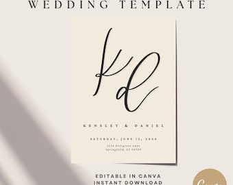 May include: A minimalist modern wedding template with the initials "Ke" in elegant black script. The template includes the names Kensley & Daniel, the date June 15, 2026, and an address. The text "EDITABLE IN CANVA INSTANT DOWNLOAD" is also included.