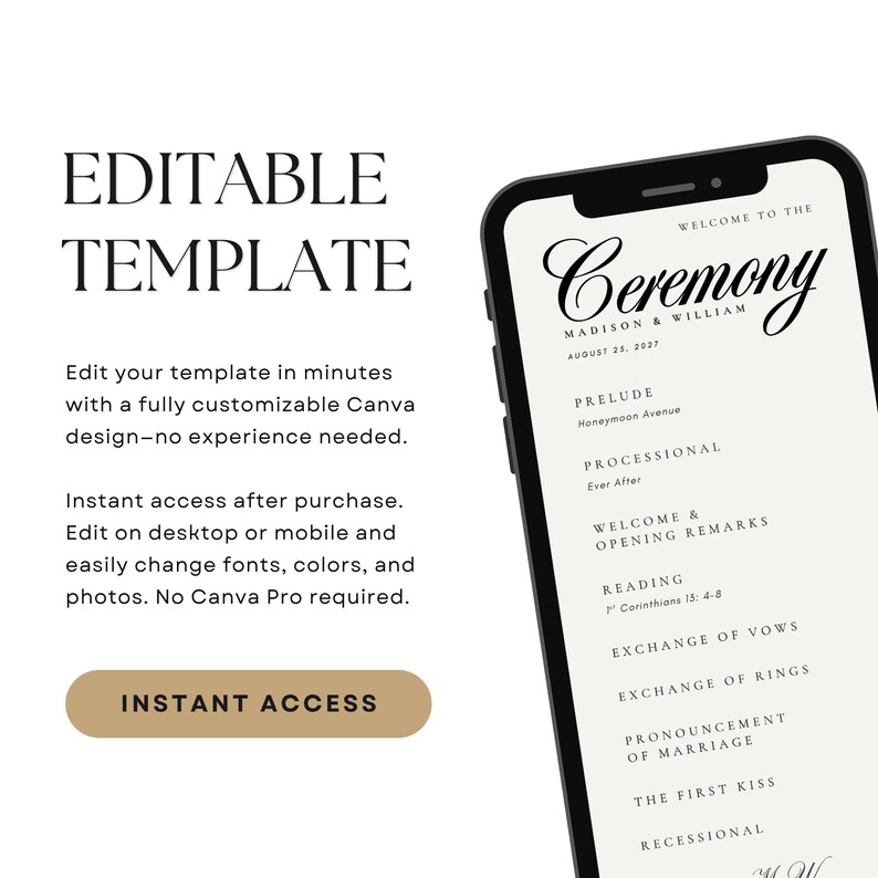 Editable wedding program template featuring a modern 4 x 9 inch wedding ceremony program that can be personalized in Canva. Edit the couple's names, wedding date, ceremony details, readings, songs, vows, fonts, colors, wording, order of service, and wedding order of events to create your own wedding program. This digital wedding program is ideal as a wedding itinerary template, ceremony program, wedding day program, printable wedding program, or wedding schedule.