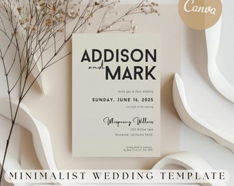 May include: A minimalist wedding invitation template with the names "Addison and Mark" in black font. The invitation includes the wedding date, time, and venue details. The design is on a cream background with decorative elements and the Canva logo.
