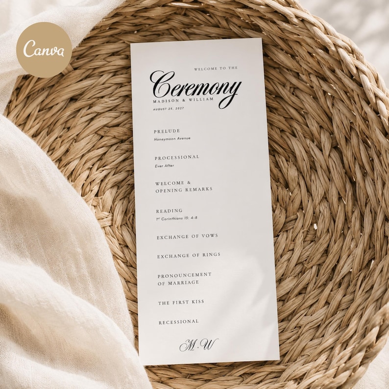 Editable wedding program template displayed as a 4 x 9 inch ceremony program in a light and airy woven basket flat lay with soft cream fabric and natural light. This elegant wedding program is designed in Canva and can be personalized with your wedding ceremony order of events, names, date, readings, vows, and ceremony details. Perfect for a printable wedding program, wedding itinerary template, wedding day program, ceremony program, or modern wedding stationery.