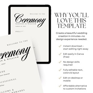 Why you'll love this wedding program template graphic featuring an elegant 4 x 9 inch ceremony program shown as both a printed wedding program and digital Canva design. Easily customize your names, date, ceremony details, order of events, order of service, fonts, colors, songs, readings, and wording. A simple option for creating wedding programs, a wedding itinerary template, printable wedding program, wedding ceremony program, ceremony program, or wedding day schedule.