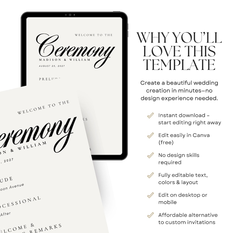 Why you'll love this wedding program template graphic featuring an elegant 4 x 9 inch ceremony program shown as both a printed wedding program and digital Canva design. Easily customize your names, date, ceremony details, order of events, order of service, fonts, colors, songs, readings, and wording. A simple option for creating wedding programs, a wedding itinerary template, printable wedding program, wedding ceremony program, ceremony program, or wedding day schedule.