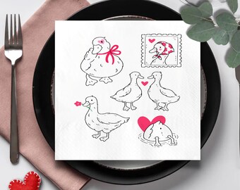 Duck and Goose Valentine Napkins, Heart Illustration, Animal Lover Table Decor