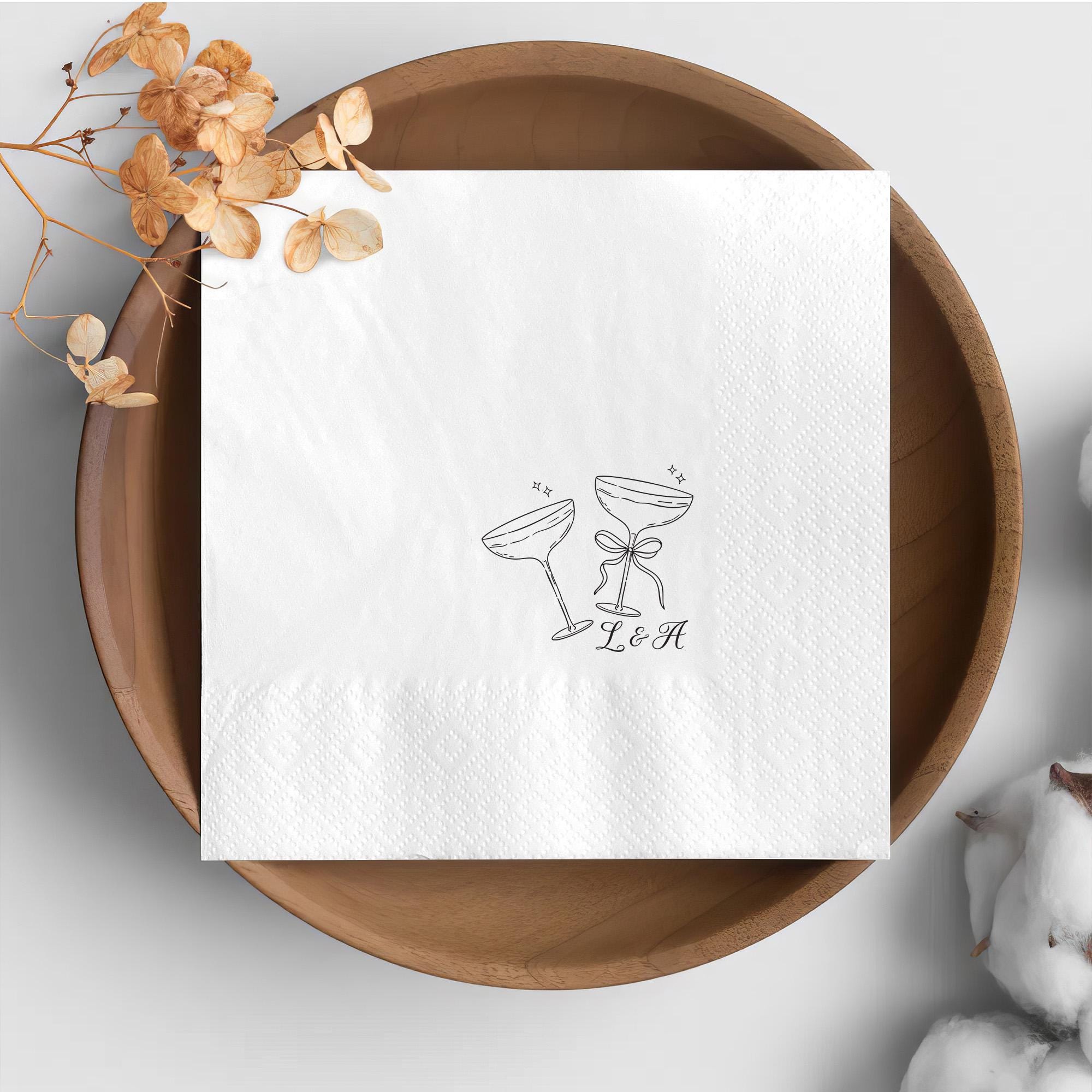 Personalized Cocktail Napkins, Custom Monogram Wedding Napkins, Champagne Glass Guest Towels, Elegant Engagement Party Beverage Napkins