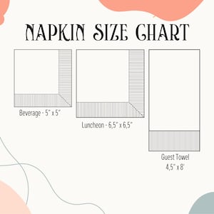 May include: A napkin size chart with three napkin illustrations. The chart includes sizes for beverage napkins (5" x 5"), luncheon napkins (6.5" x 6.5"), and guest towels (4.5" x 8"). The text "NAPKIN SIZE CHART" is at the top.