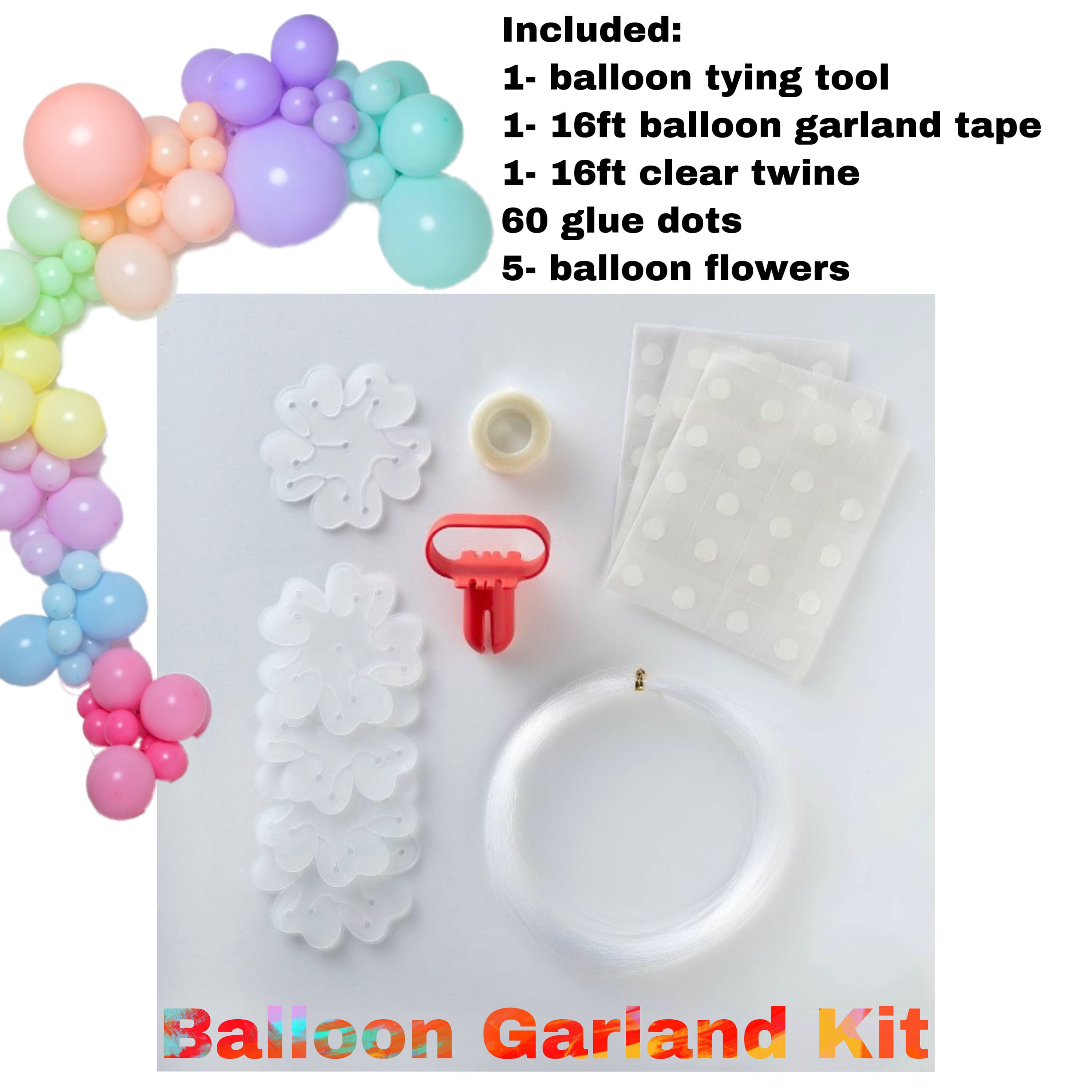 Balloon Decorating Strip Kit Set Arch Garland 32 Ft Balloon Tape Strip,  10pcs Flower Clips, Tying Tool, 300 Glue Pt Dots Party Baby Shower 