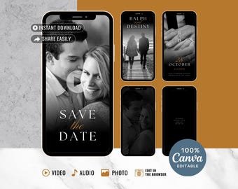以下が含まれることがあります： 電話の画面に、黒と白のカップル写真と、金色の文字で「Save the Date」と書かれたものがあります。電話の画面には、ビデオ、オーディオ、写真、ブラウザでの編集のボタンもあります。電話の画面は、金色の文字で「Ralph and Destiny」と「28 October」と書かれた茶色の背景で囲まれています。