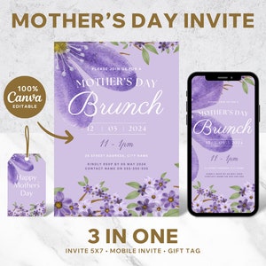 Invitación al brunch del Día de la Madre, invitación digital del Día de la Madre, invitación editable del Día de la Madre, descarga del Feliz Día de la Madre, etiqueta imprimible del Día de la Madre