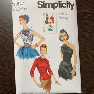 May include: Simplicity sewing pattern for 1950s vintage clothing. The pattern includes three different styles: a sleeveless dress with a floral print, a red blouse with a wrap neckline, and a black one-shoulder dress. The pattern is labeled R11647 and includes sizes US 6-14, Talla Euro 32-40, and Taille FR 34-42.