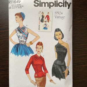 May include: Simplicity sewing pattern envelope for 1950s vintage clothing. The envelope features three illustrations of women wearing different styles of tops. The pattern number is R11647.