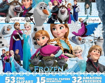May include: A digital clipart set featuring characters from the animated film Frozen. The set includes 53 PNG clipart images, 15 seamless digital papers, and 32 freebies. The characters include Elsa, Anna, Olaf, Kristoff, Sven, and the trolls.