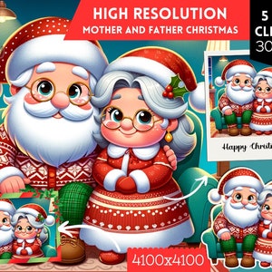 May include: A digital illustration of a cartoon Santa Claus and Mrs. Claus wearing red and white sweaters with a green and white plaid blanket. The image is a clipart set with 5 PNG files at 300 dpi and 4100 x 4100 pixels.