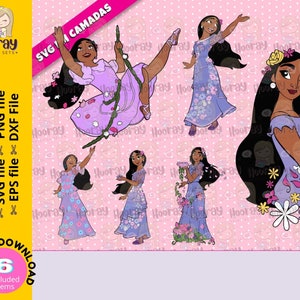 May include: Six digital illustrations of women wearing floral dresses. The women have brown skin and long black hair. The dresses are in shades of purple, blue, and pink with floral patterns. The background is a light pink with white polka dots.
