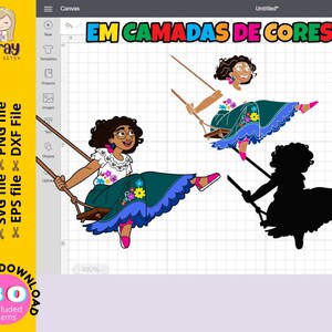 May include: A digital illustration of a woman in a colorful dress and floral headband swinging on a swing. The image is in layers, with a colored version and a black and white silhouette.