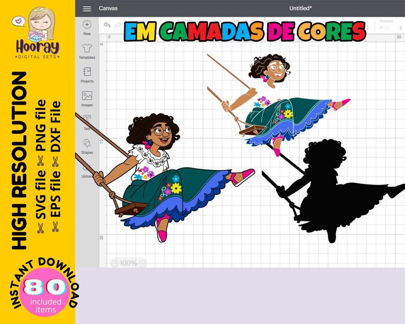 May include: A digital illustration of a woman in a colorful dress and floral headband swinging on a swing. The image is in layers, with a colored version and a black and white silhouette.