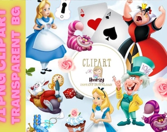 Könnte beinhalten: Alice im Wunderland-Clipart mit Charakteren wie Alice, dem Hutmacher, der Herzkönigin und der Cheshire-Katze. Das Clipart enthält eine Vielzahl von Bildern, darunter eine Uhr, eine Spielkarte, eine Rose und ein Cupcake.