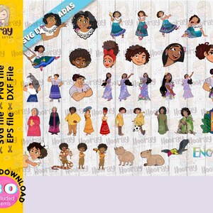 May include: A set of 80 digital clipart images featuring characters from the animated film Encanto. The images include the main characters, Mirabel, Bruno, Alma, and others. The images are in a cartoon style and are perfect for crafting projects, scrapbooking, and more.