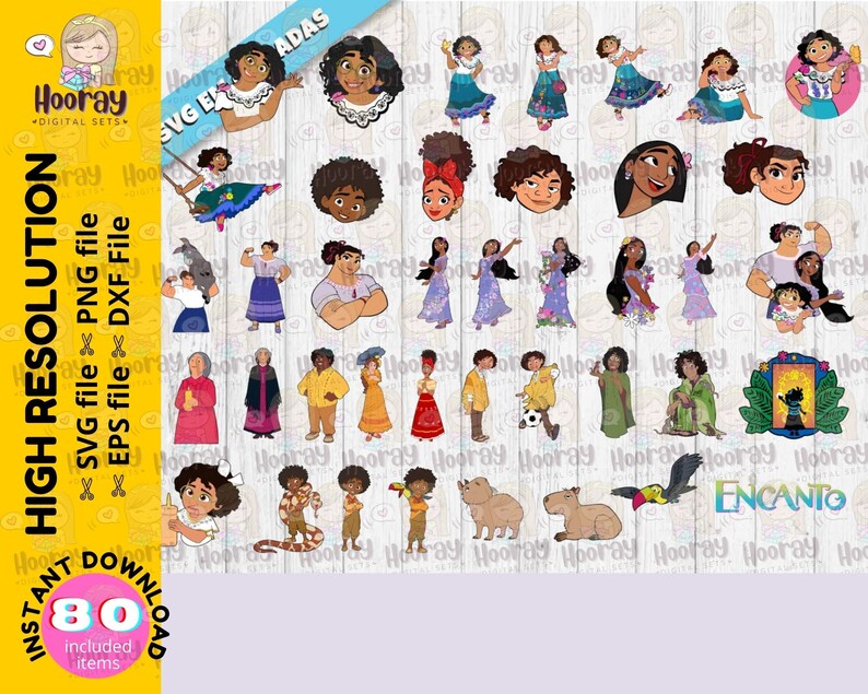 May include: A set of 80 digital clipart images featuring characters from the animated film Encanto. The images include the main characters, Mirabel, Bruno, Alma, and others. The images are in a cartoon style and are perfect for crafting projects, scrapbooking, and more.
