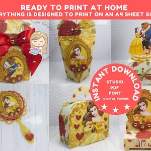 La Bella y la Bestia - Cajas para Favores Personalizadas, Etiquetas de Artículos para Fiestas Digitales, Pastel Imprimible, Kit Fiesta, Decoración Cumpleaños