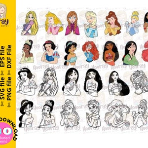 May include: A set of 30 printable Disney princess character illustrations. The illustrations are in black and white and color. The princesses include Snow White, Cinderella, Ariel, Belle, Jasmine, Mulan, Pocahontas, Tiana, Rapunzel, and Merida.