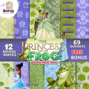 May include: A digital paper pack featuring The Princess and the Frog. The pack includes 12 digital papers and 69 free clipart images. The papers feature a variety of designs, including a green frog, a princess in a blue dress, and a princess in a green dress.