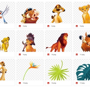 May include: A collection of cartoon characters from the Lion King and The Lion King II films. The characters include Simba, Nala, Timon, Pumbaa, Zazu, Scar, and more. The images are in a grid format and are all on a transparent background.