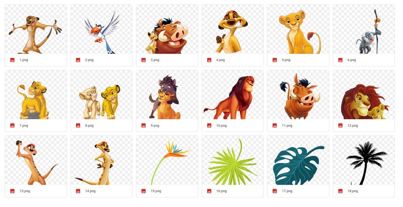 May include: A collection of cartoon characters from the Lion King and The Lion King II films. The characters include Simba, Nala, Timon, Pumbaa, Zazu, Scar, and more. The images are in a grid format and are all on a transparent background.