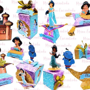 May include: A set of party favors featuring the Disney characters Jasmine and Genie from Aladdin. The favors are in the shape of a magic lamp, a flying carpet, and a box. The favors are decorated with glitter and the name "Manuella".