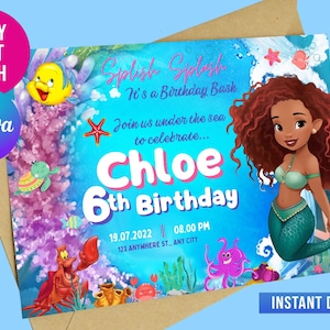 African Little Mermaid Birthday Invitation, Little Mermaid Invite, Princess Birthday Party Invite, African Ariel Editable Digital