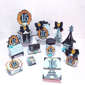 15 year old&#39;s Paris Party-Quinceañera Favors Boxes Personalized, Party Supplies Tags Digital, Cake Printable, Kit Party, Birthday Decoration
