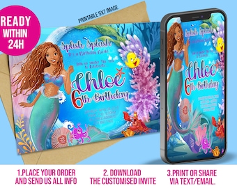 May include: A printable 5x7 inch invitation for a 6th birthday party with a mermaid theme. The invitation features a mermaid with long brown hair, a blue tail, and a pink seashell bra. The invitation also features a pink and purple coral reef, a yellow fish, and the text "Splish Splash It's a Birthday Bash! Join us under the sea to celebrate... Chloe 6th Birthday".