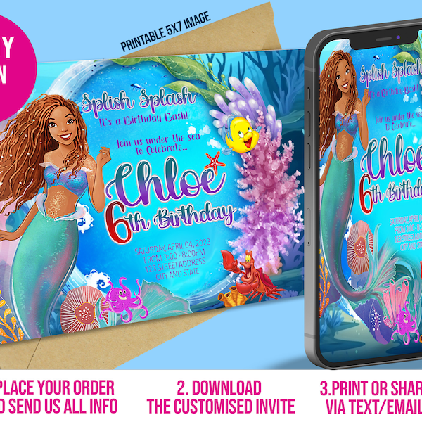 African Little Mermaid Birthday Invitation, Little Mermaid Invite, Princess Birthday Party Invite, African Ariel Editable Digital