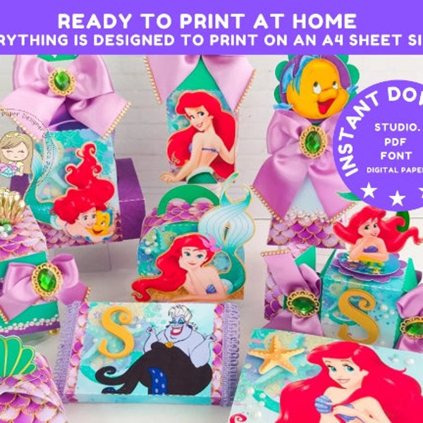 The Little Mermaid Ariel - Favors Boxes Personalized, Party Supplies Tags Digital, Cake Printable, Kit Party, Birthday Decoration