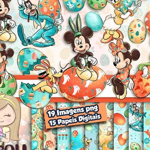 May include: A set of 19 digital images featuring Mickey Mouse, Minnie Mouse, Donald Duck, Goofy, and Pluto in Easter-themed outfits. The images include various poses and expressions, with a colorful background of eggs, flowers, and bunnies. The text "19 Imagens png 15 Papeis Digitais" is also included in the image.