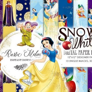 以下が含まれることがあります： 白雪姫と7人の小人たちのキャラクターをフィーチャーしたデジタルペーパーパック。このパックには、10枚のユニークな画像が含まれており、それぞれ30.5cm x 30.5cmで、解像度は300 DPIです。画像には、白雪姫と小人たち、邪悪な女王、王子など、古典的なおとぎ話からさまざまなシーンが描かれています。