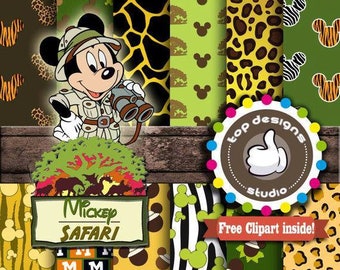 Puede incluir: Un paquete de papel digital con un tema de safari de Mickey Mouse. El paquete incluye 10 patrones diferentes con estampados de animales, orejas de Mickey Mouse y el texto "Mickey Safari".