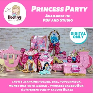 Fête de princesse - Boîtes de faveurs personnalisées, Articles de fête Étiquettes numériques, Gâteau imprimable, Kit de fête, Décoration d'anniversaire