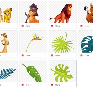 May include: A collection of digital images featuring characters from the animated film The Lion King. The images include Simba, Nala, Timon, Pumbaa, Scar, Mufasa, and Zazu. There are also images of various plants and flowers from the African savanna.