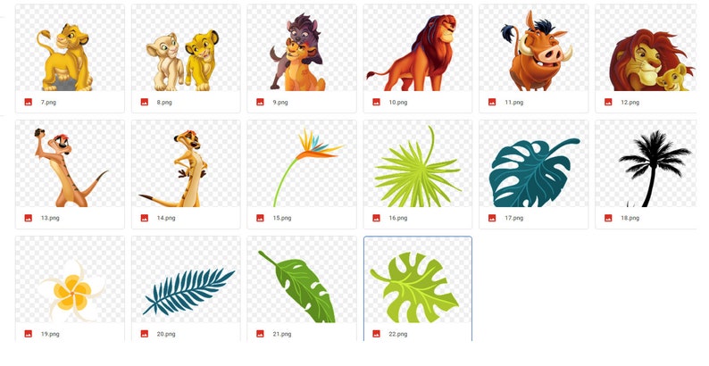 May include: A collection of digital images featuring characters from the animated film The Lion King. The images include Simba, Nala, Timon, Pumbaa, Scar, Mufasa, and Zazu. There are also images of various plants and flowers from the African savanna.