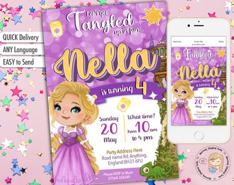 May include: Purple invitation featuring a cartoon image of Rapunzel from the film Tangled. The invitation is for a 4th birthday party for a girl named Nella. The invitation includes the date, time, and address for the party.