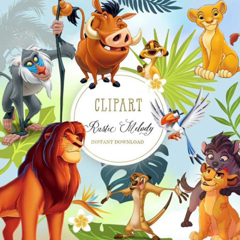 May include: A set of digital clipart featuring characters from the Lion King movie. The characters include Simba, Pumbaa, Timon, Zazu, Scar, and Nala. The clipart is in a rustic style with a light blue background and green foliage.