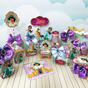 Jasmine Party - Favors Boxes Personalized, Party Supplies Tags Digital, Cake Printable, Kit Party, Birthday Decoration