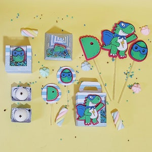 Cute Dinosaur Party - Favors Boxes Personalized, Party Supplies Tags Digital, Cake Printable, Kit Party, Birthday Decoration