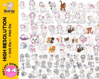 May include: A set of 44 digital clip art images featuring a white cat with pink accents in various poses. The cat is wearing a pink bow and has blue eyes. The images are in both colour and black and white.