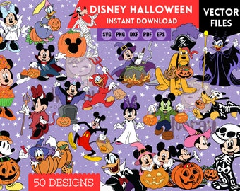 May include: A set of 50 Halloween-themed digital clipart images featuring various Disney characters, including Mickey Mouse, Minnie Mouse, Donald Duck, Goofy, and Pluto. The characters are dressed in costumes and holding pumpkins, candy, and other Halloween-themed items. The background is a purple and white pattern with stars.