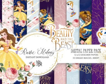 May include: A digital paper pack featuring Beauty and the Beast characters, including Belle, Beast, and Mrs. Potts. The papers have a rustic theme with gold accents and floral designs. The pack includes 10 unique images, each measuring 12x12 inches, at 300 DPI.
