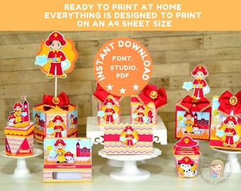 Fireman Party Favor Boxes, Printable Birthday Decoration (PDF)