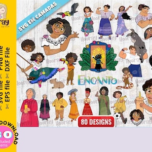 May include: A set of 80 digital designs featuring characters and elements from the animated film Encanto. The designs include the main characters Mirabel, Bruno, and Abuela, as well as other characters like Antonio, Dolores, and Camilo. The designs also include various elements from the film, such as the magical candle, the Casita, and the magical door.