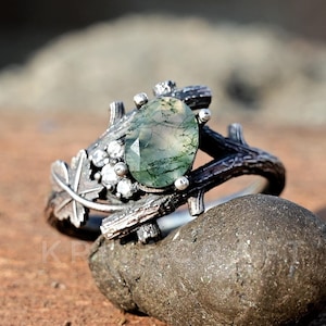 Natural Moss Agate Leaf Ring,925 Sterling Silver Ring, Nature Inspired design Band Ring, Oval Gemstone Ring, Engagement Ring, Gift For Women