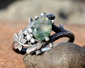 シルバーブランチモスアゲート＆ガーネットリング、925スターリング